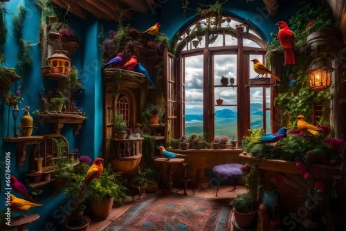 A charming, whimsical balcony tucked away in a world of fantasy, bursting with surreal colors and dreamlike elements © usama