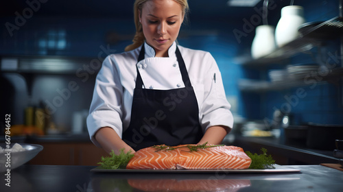 Close up of salmon with a woman chef preparing a delicious dish