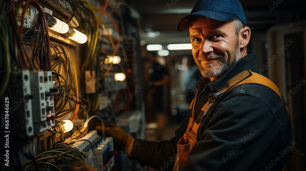 Powering Up with a Smile: Electrician in Action. Ai generative