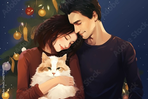 Purrfectly Together: Couple, Cat, and Christmas Joy. Ai generated photo