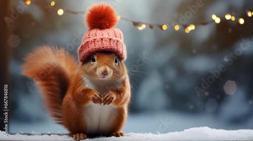 Hat's Off to Winter: A Squirrel's Snowy Stroll. Ai generative © Andrii