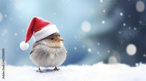 Feathered Festivities: Snowy Bird Donning Santa's Hat. Ai generative