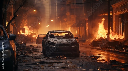 Urban Unrest  Car Ablaze in the Midst of Chaos.  Ai generative