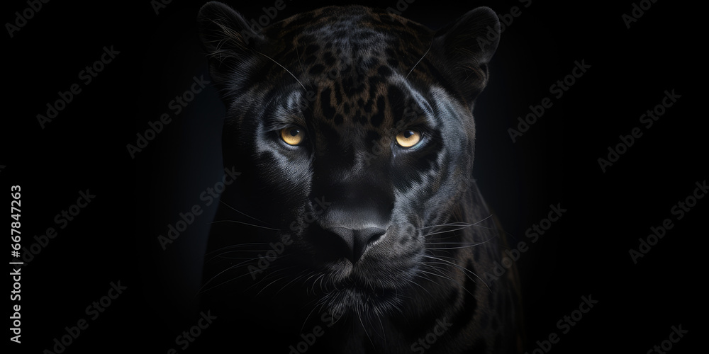 A captivating Panther portrait on a black background, Copy Space.