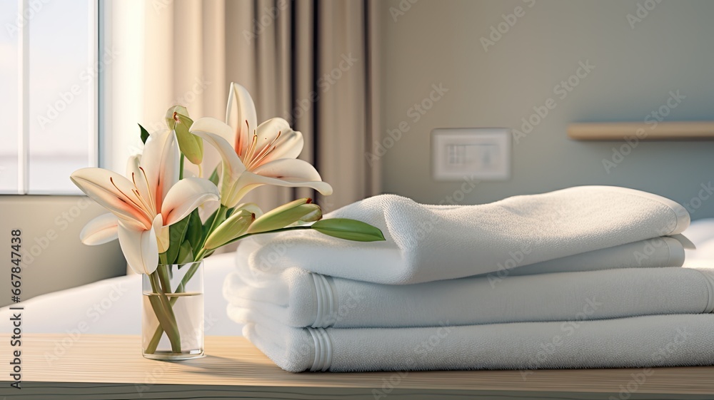 a single flower delicately placed on a stack of crisp towels in a modern, minimalist hotel room. a single flower delicately placed on a stack of crisp towels in a modern, minimalist hotel room.