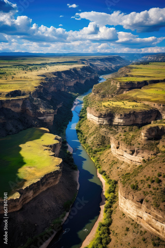 Photography of a curved river. There are jagged cliffs all along the river