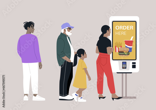 A diverse line of people waiting their turn to place their orders at a self-service fast food order touchscreen, a digital menu providing various food options for selection