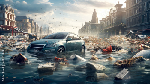 Cars on the road during a flood. Flooded city. photo