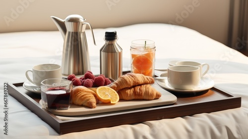 a well-appointed breakfast tray perfectly balanced on a comfortable bed in a modern minimalist hotel room, the serene morning ambiance