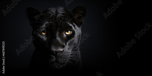 This striking image showcases a Panther in a front view against a black backdrop. Copy Space