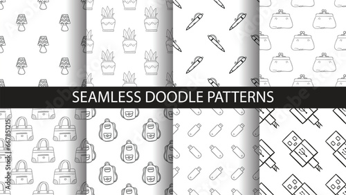 A set of seamless hand drawn vector patterns of various objects