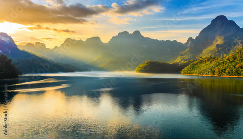 Sunrise Tranquility Mountains and Lake in Morning Glory