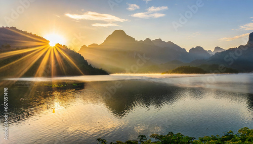 Sunrise Tranquility Mountains and Lake in Morning Glory