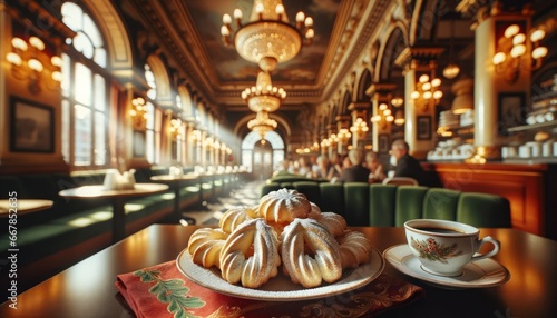 Foto Austrian vanillekipferl, crescent-shaped vanilla biscuits, dusted with powdered sugar, festive napkin setting, Viennese coffee house backdrop with tall windows and chandeliers