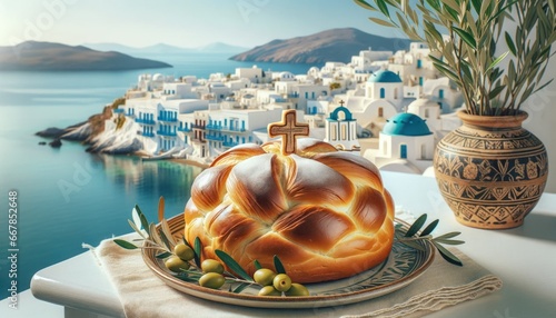 Greek christopsomo, Christmas bread with a cross on top, on a ceramic plate with olive branches, white-washed Greek village backdrop with blue domes and the Aegean Sea.