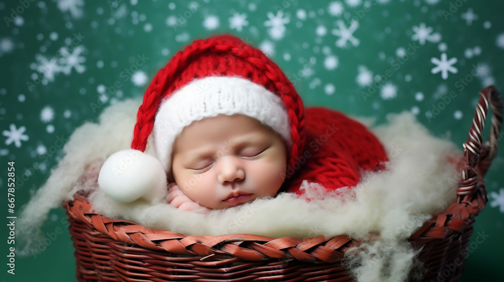 Cute little baby in Christmas costume sleeping in a basket at home on Christmas Eve Cute little baby in Christmas costume sleeping in a basket at home on Christmas Eve