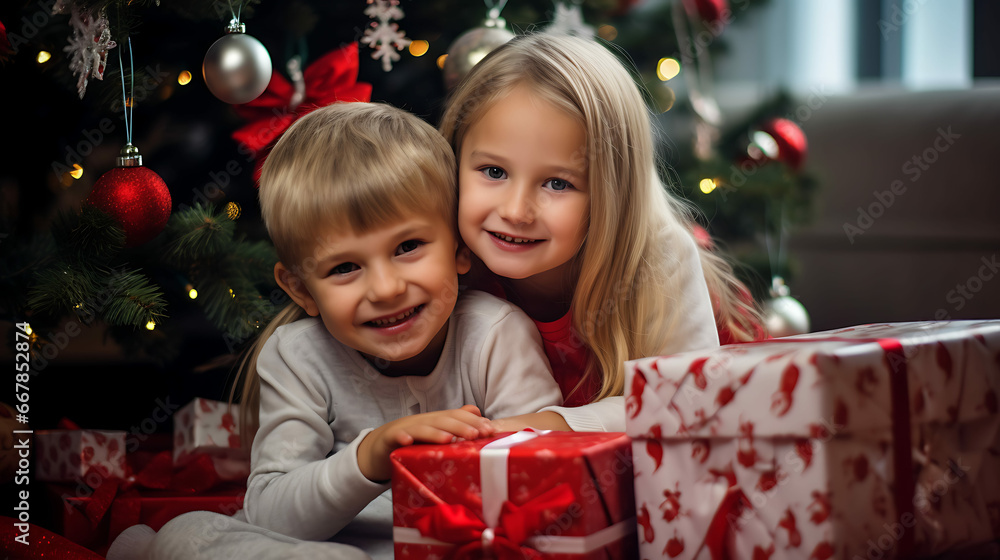 brother and sister in front of their Christmas presents brother and sister in front of their Christmas presents