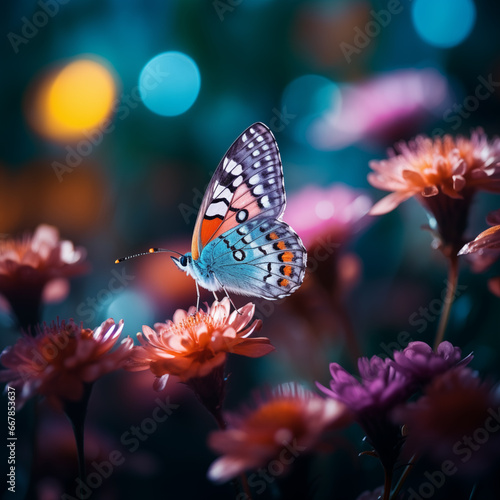 the butterfly is resting on a flower with a blurred background, in the style of dark teal and light magenta