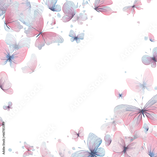 Butterflies are pink  blue  lilac  flying  delicate with wings and splashes of paint. Hand drawn watercolor illustration. Square frame  template on a white background  for design