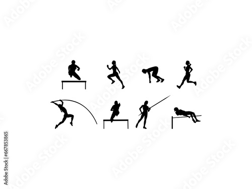 Set of Female Track And Field Runners Silhouette in various poses isolated on white background