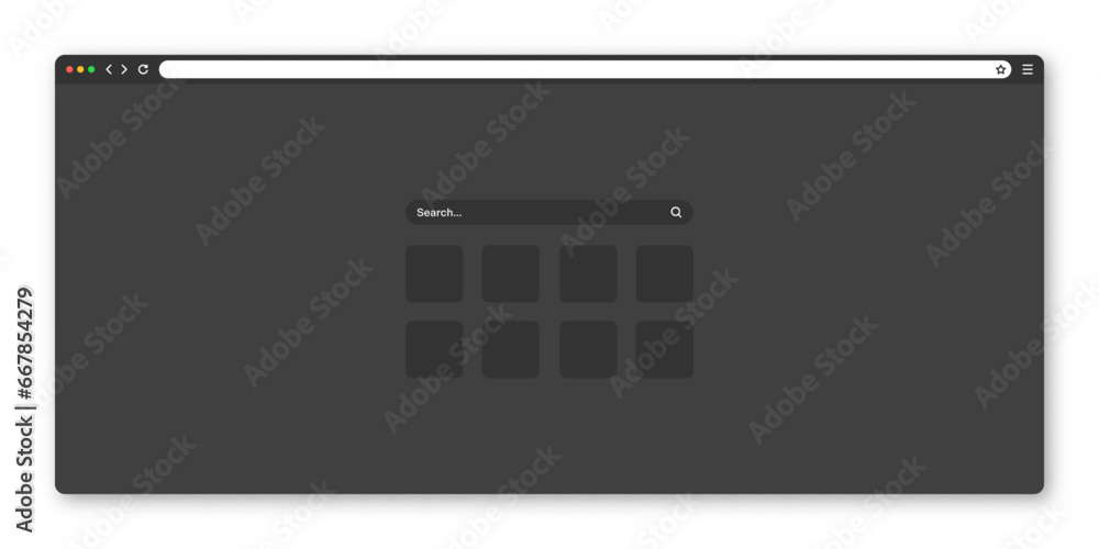Blank web browser window with toolbar and search field. Modern website, internet page in flat style. Browser mockup for computer, tablet and smartphone. Adaptive UI, dark mode. Vector illustration Blank web browser window with toolbar and search field. Modern website, internet page in flat style. Browser mockup for computer, tablet and smartphone. Adaptive UI, dark mode. Vector illustration