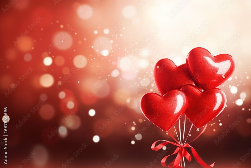 Red heart air balloon background with glitter bokeh shapes on ribbons Design concept for holiday valentine day
