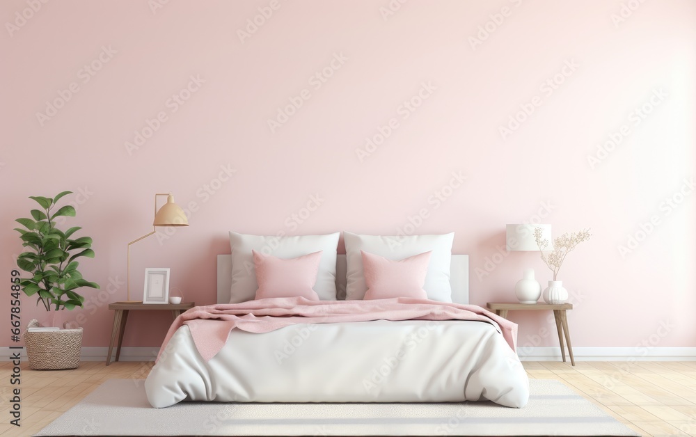 A nice small romantic bedroom that has pink walls