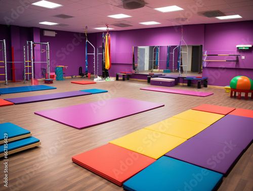 A well-equipped gymnastics studio filled with colorful mats and various apparatus for athletes to train on. photo
