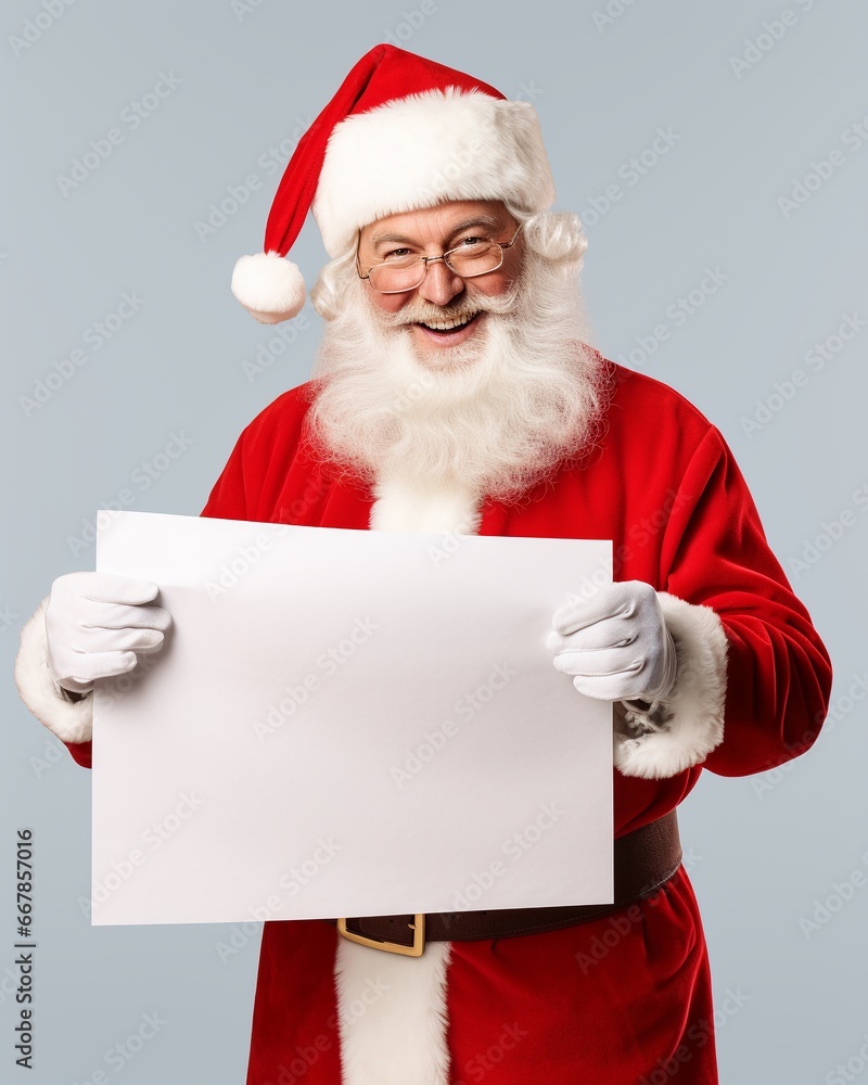 Naklejka premium Happy Santa Claus thumb up and holding blank vintage paper, Santa showing white sign.
