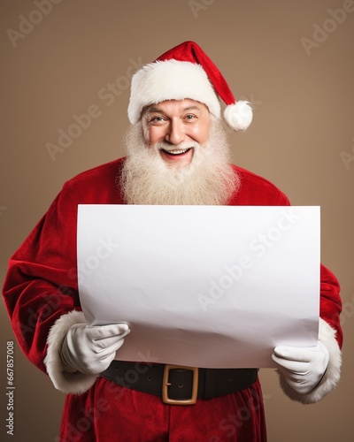 Happy Santa Claus thumb up and holding blank vintage paper, Santa showing white sign. © JW Studio