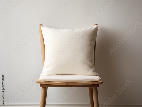 Mockup of white square cushion on white wooden vintage dining chair. photo