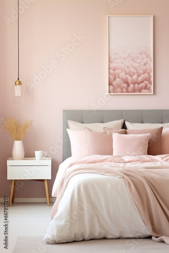 A nice small romantic bedroom that has pink walls