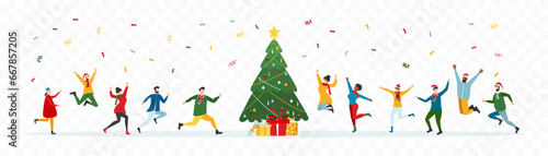 Happy people at a Christmas and New Year's corporate party. Positive men and women dancing and having fun. Set of modern vector characters.