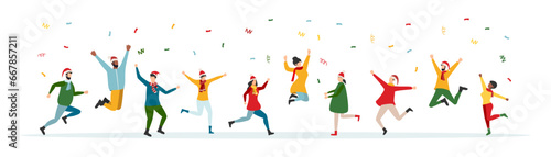 Happy people at a Christmas and New Year s corporate party. Positive men and women dancing and having fun. Set of modern vector characters.