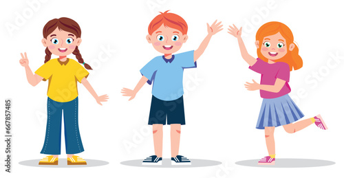 Vector illustration of happy children posing for a photo. Cartoon scene with smiling and joyful children in different poses: girl showing victory sign, boy and girl waving hands on white background.