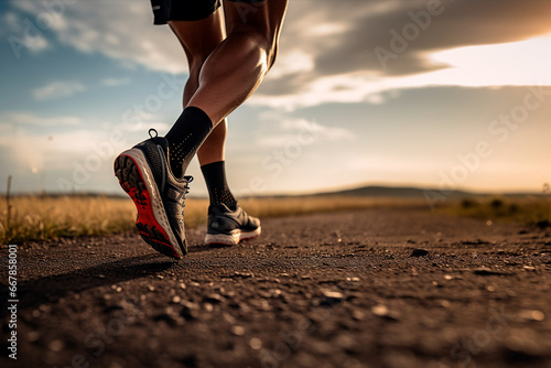piernas de hombre con zapatos de correr en medio de un campo photo