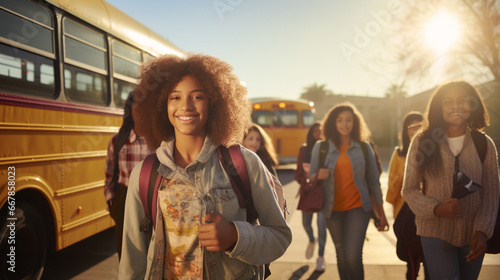Junior-high African American students arrive to school via school bus. Banner.