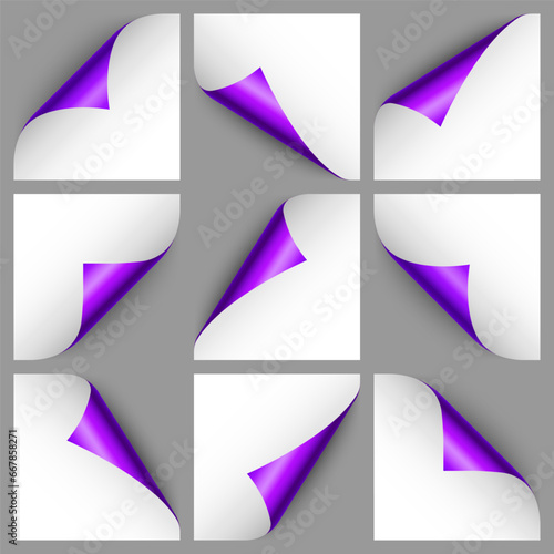 Set of violet paper curls. Curled page corner with shadow. Blank sheet of paper. Colorful shiny foil. Design element for advertising and promotion. Vector illustration.