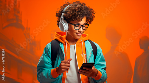 niño moreno feliz con lentes mirando su celular con mochila con audífonos escuchando música  photo