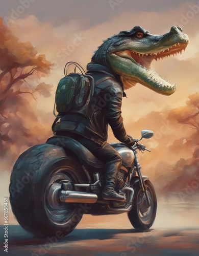 А crocodile on a motorcycle. Generative AI. © F@natka