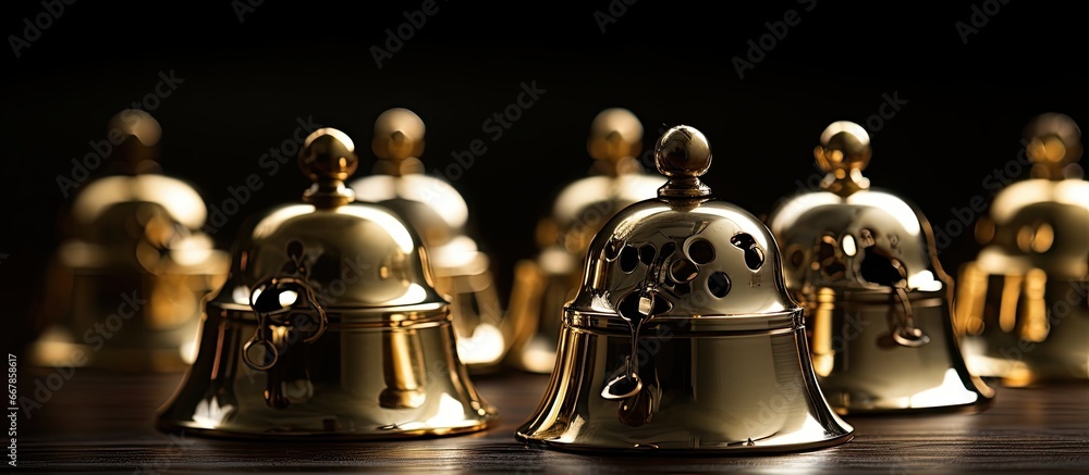 Table with tiny handbells in closeup Table with tiny handbells in closeup