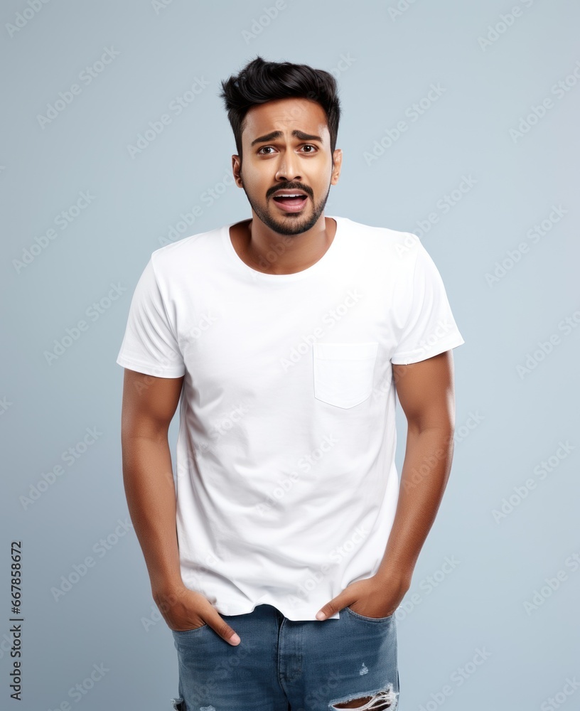 Obraz premium Vibrant Studio Portrait: Handsome Indian Model in Casual Mock-up T-shirt generative ai