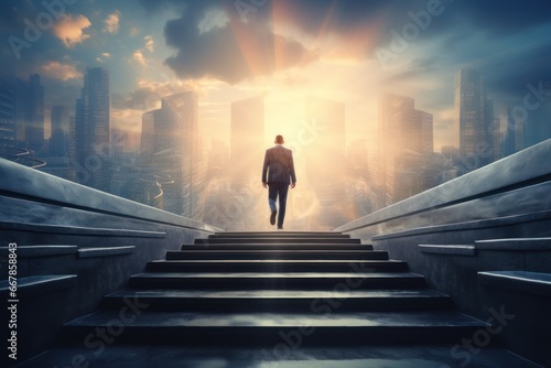 Ascending to Success: Ambitious Businessman Climbing Stairs of Achievement generative ai © RamvijayB