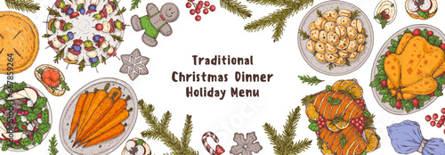 Christmas food. Christmas dinner. Holiday menu. Food design template. Food and drink set. Hand drawn design template.