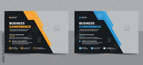 Corporate horizontal business conference flyer template or online webinar and technology conference social media banner layout