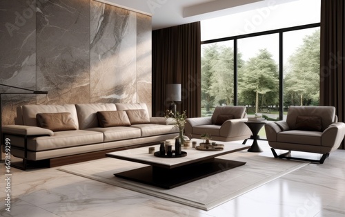 A complete modern style living room with a table in the center and leather sofa © piai