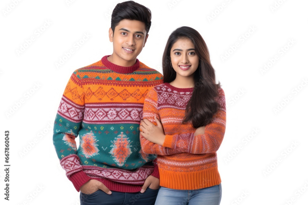 Cozy Isolation: Stylish Couple in Colorful Sweaters Against White Background generative ai