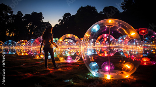 An evening game of bumperball with players illuminated by the glow of LED lights within their bubbles, creating a captivating and futuristic scene on the field photo
