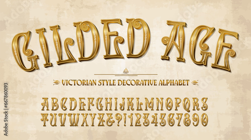 A super ornate and elegant Victorian style decorative alphabet in metallic gold tones.
