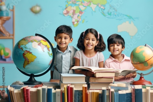 Indian Kids Embracing Diversity with Globe on Global Background generative ai 